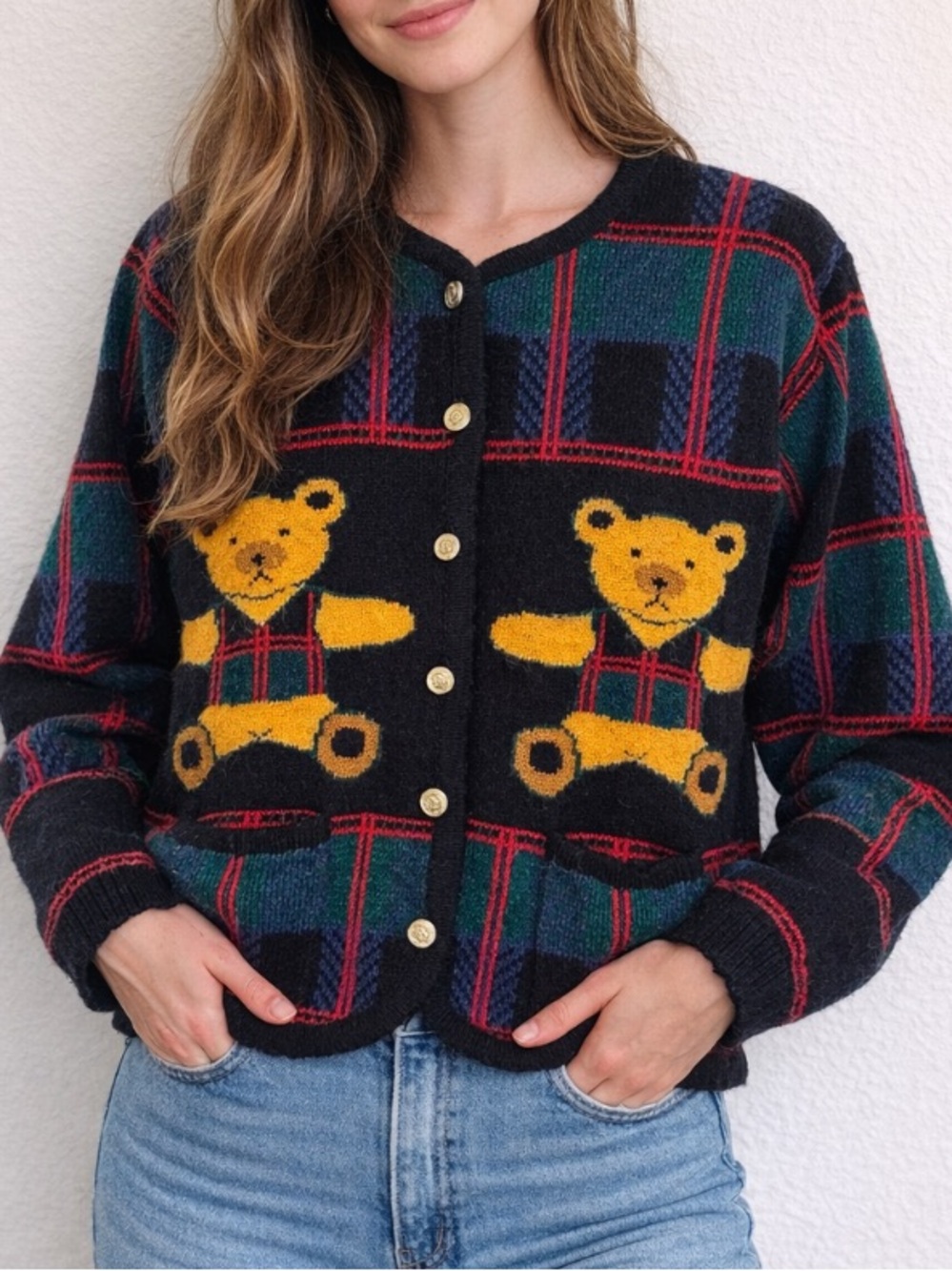 Vintage Tally Ho Teddy Bear Plaid Wool Button Up Cardigan Sweater Small 90s Knit